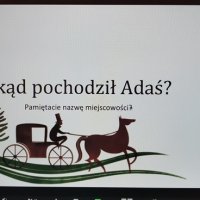 Zdjęcie ekranu komputera, na którym widać slajd z prezentacji przygotowanej przez autora, widać drzewa i powóz z woźnicą i koniem.