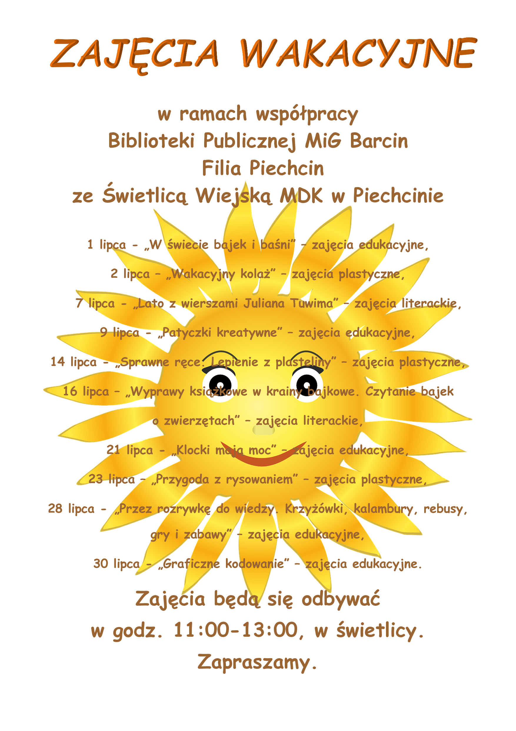 Plakat informujący o zajęciach wakacyjnych filii Piechcin