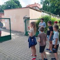 Dzieci rzucają piłeczkami z rzepem do tarczy zawieszonej na bramie.