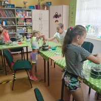 Dzieci pracując podczas zajęć sadzą wewnątrz słojów rośliny i układają większe kamienie jako górną warstwę wypełnienia.