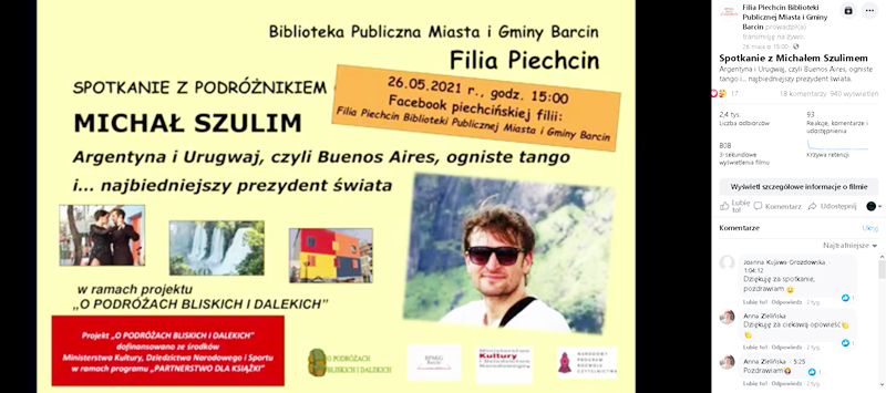 Zrzut ekranu z transmisji na żywo pokazujący plakat dotyczący spotkania