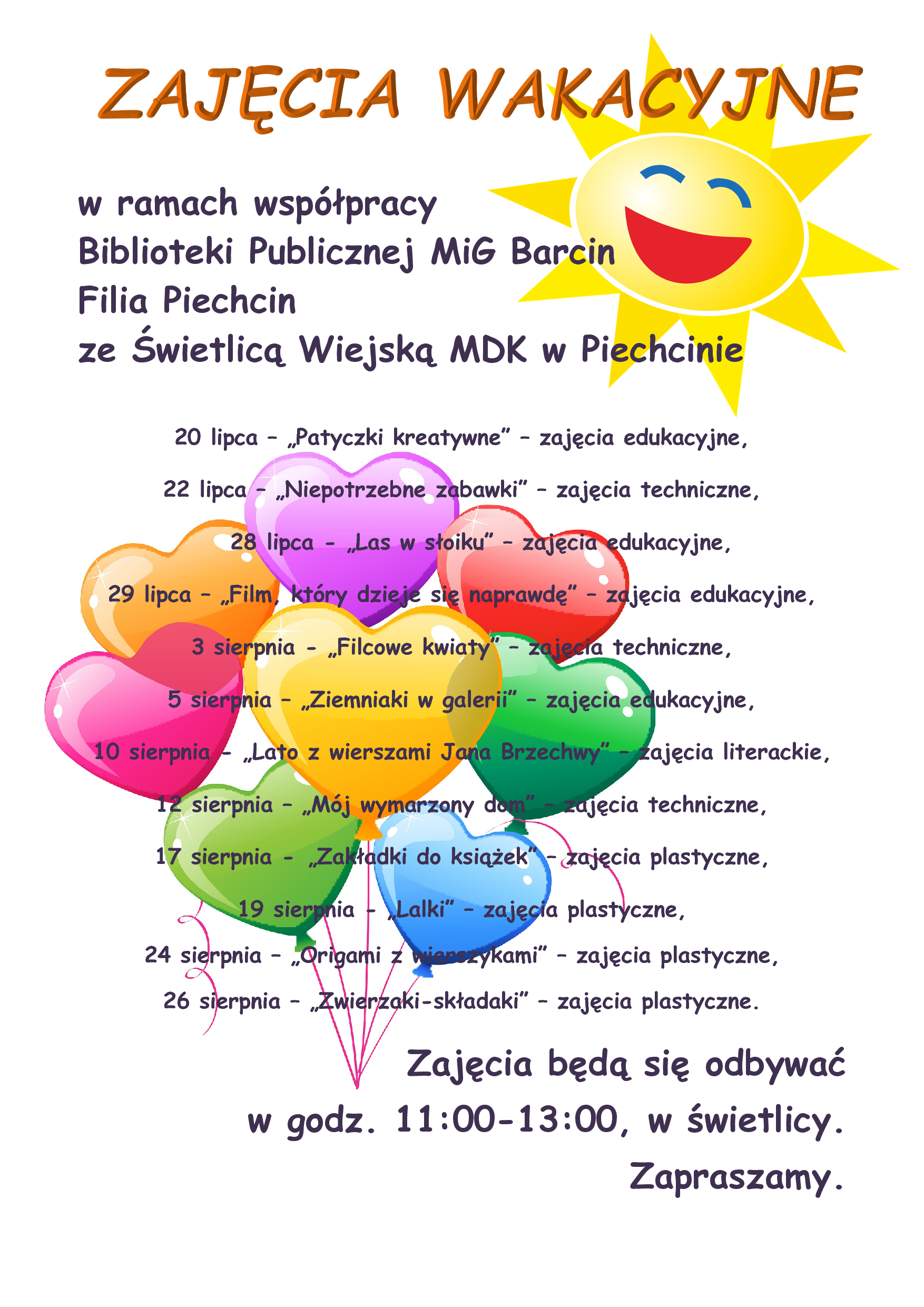 Plakat informujący o zajęciach wakacyjnych w piechcinie