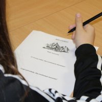 Zdjęcie pokazujące jedną z uczennic wykonującą zadanie w czasie lekcji bibliotecznej.