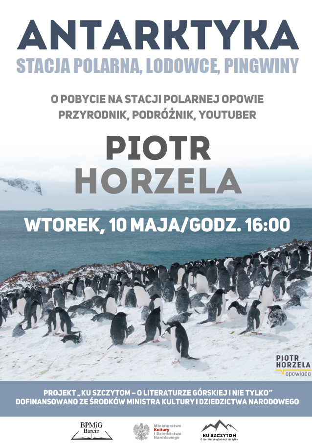 Plakat informujący o spotkaniu z Piotrem Horzelą
