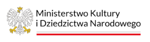 Logo Ministerstwa Kultury i Dziedzictwa Narodowego: po prawej stronie orzeł w koronie z rozpostartymi skrzydłami, obok napis "Ministerstwo Kultury i Dziedzictwa Narodowego", pod napisem biało-czerwony pasek nawiązujący do flagi Polski.