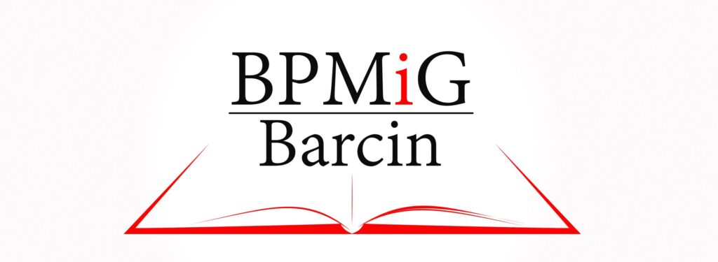 Logo Biblioteki w Barcinie: Skrót BPMiG Barcin umieszczony nad grafiką przypominającą otwartą ksiażkę.