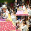 3 zdjęcia połączone w jedno, na wszystkich widać jak prowadząca zajęcia bibliotekarka tłumaczy uczestniczką jak obsługiwać maszynę do szycia