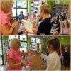 Połączone 2 zdjecia na obydwu bibliotekarka wręcza nagrody laureatom