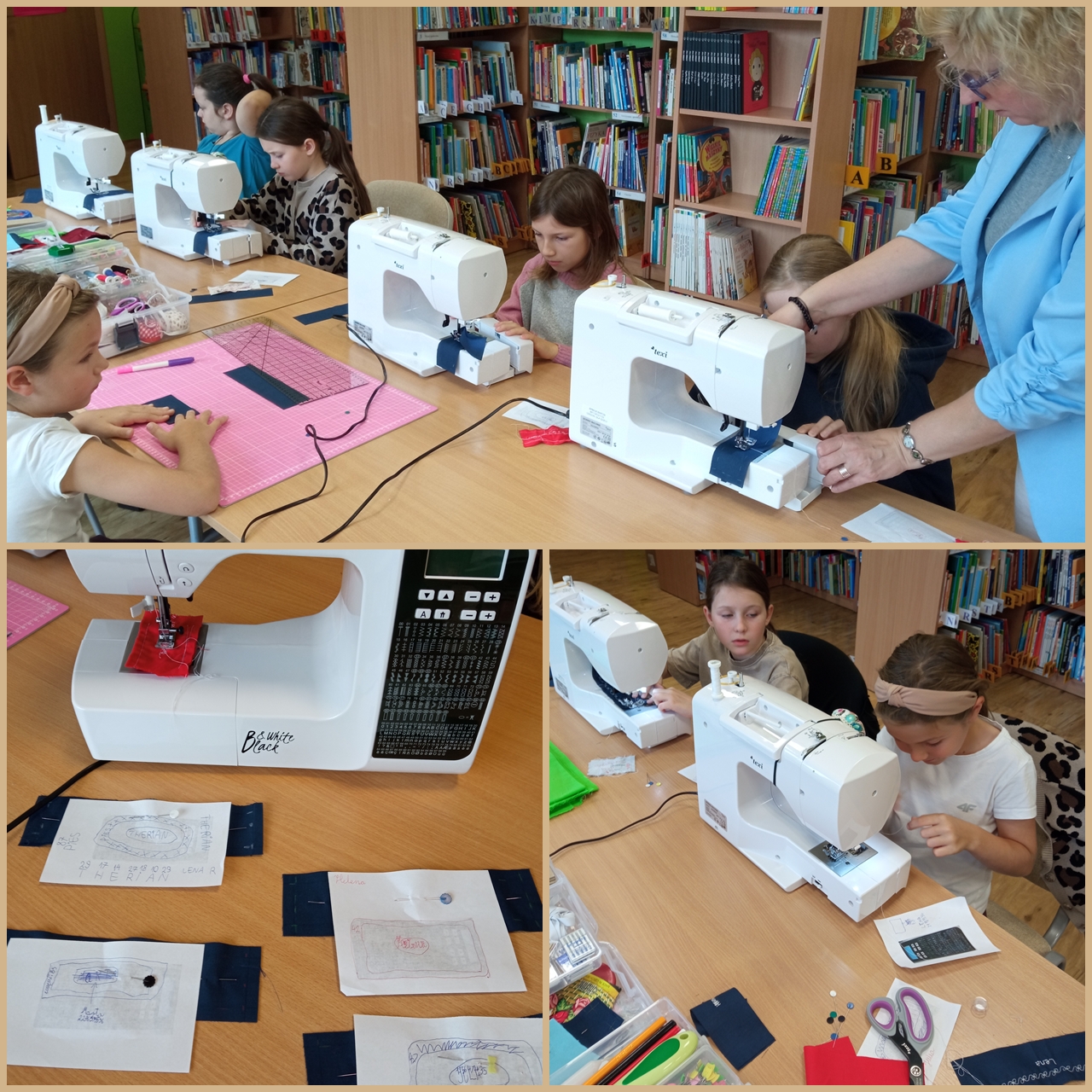 połączenie 3 zdjęć, na górze i po prawej na dole widać uczestniczki zajęć szyjące na maszynach, na dole po lewej widać maszynę do szycia i przygotowane do zajęć materiały