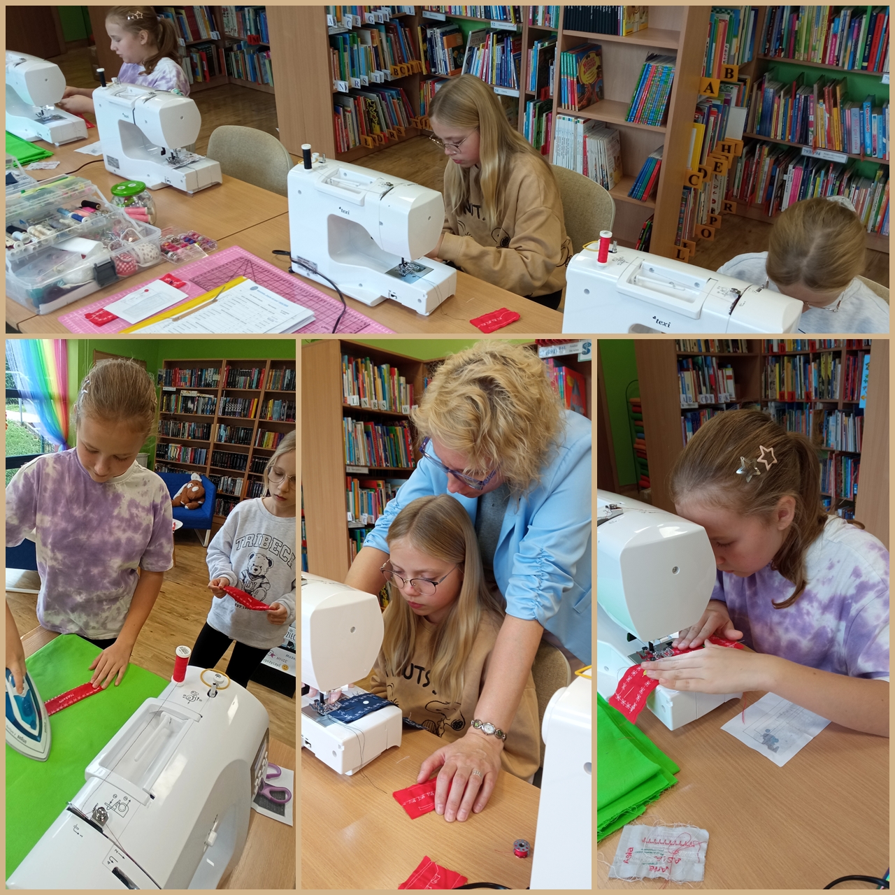 połączenie 4 zdjęć, górna część pokazuje uczestniczki zajęć pracujące przy maszynach do szycia, po lewej na dole jest dziewczynka pracująca żelazkiem kawałek materiału, na dole na środku jest bibliotekarka pomagająca dziewczynce przy maszynie do szycia, na dole po prawej dziewczynka sama pracuje na maszynie do szycia