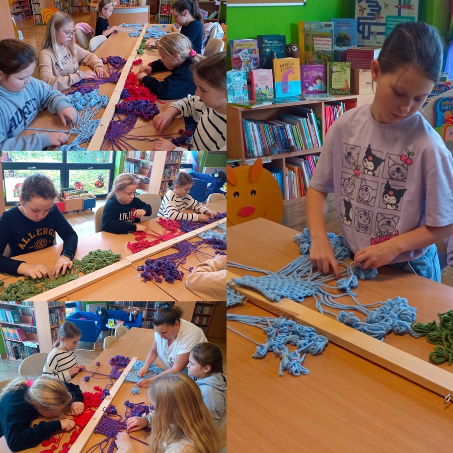 Trzy zdjęcia połączone w jedno, wszystkie fragmenty pokazują dzieci pracujące podczas zajęć makramy