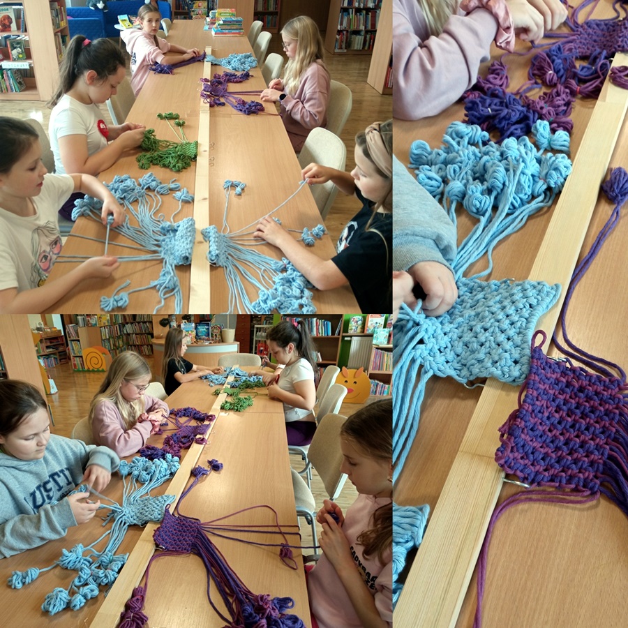 Trzy zdjęcia połączone w jedno, wszystkie fragmenty pokazują dzieci pracujące podczas zajęć makramy