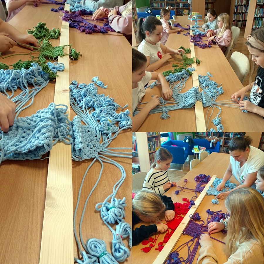 Trzy zdjęcia połączone w jedno, wszystkie fragmenty pokazują dzieci pracujące podczas zajęć makramy