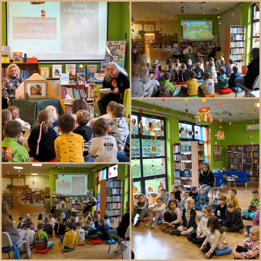 połączenie 4 zdjęć, na wszystkich widać siedzące na pufkach dzieci i prowadzące zajęcia osoby.