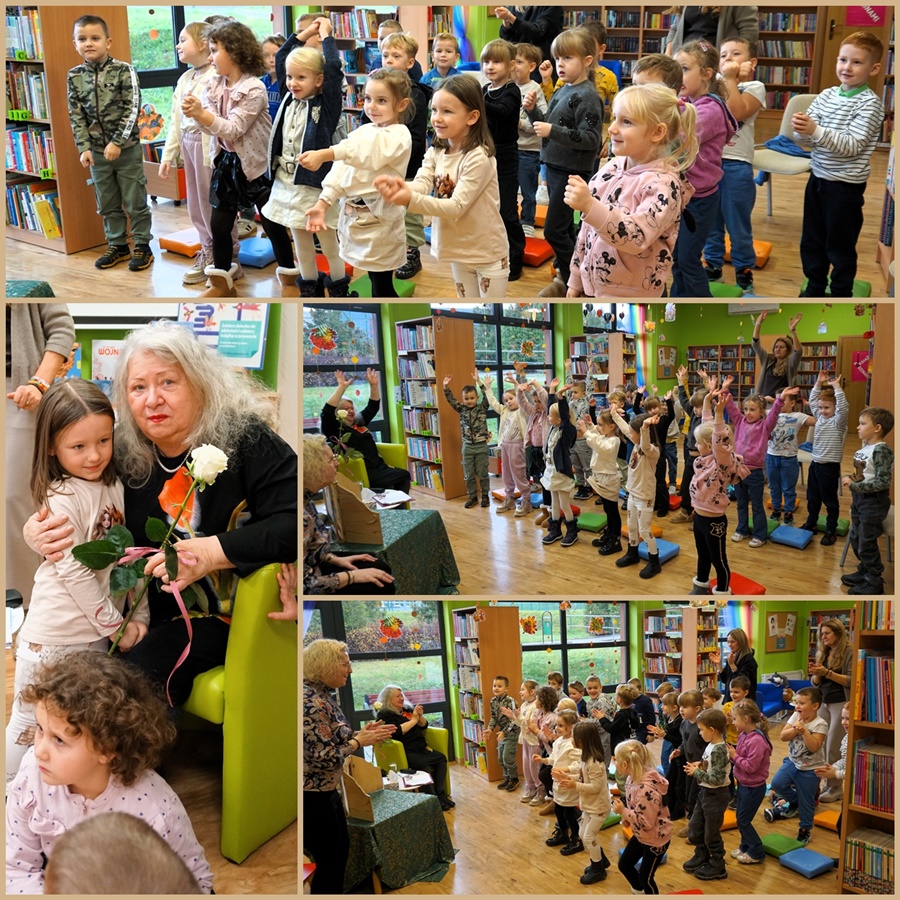 połączenie 4 zdjęć na 3 widać stojące dzieci z uniesionymi rękoma na czwartym zaproszona autorka przytula dziewczynkę która wręczyła jej białą różę.