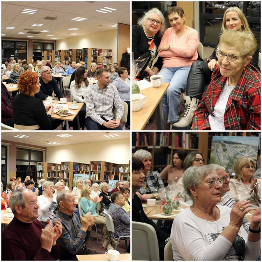4 zdjęcia połączone w jedno, na wszystkich widać osoby obecne na spotkaniu siedzące przy stolikach.