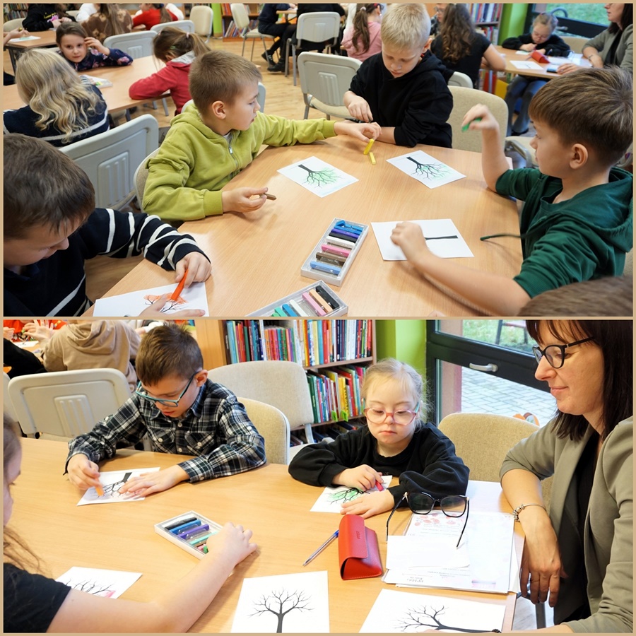 Połączenie 2 zdjęć na których dzieci siedzą przy stołach i kolorują obrazki.