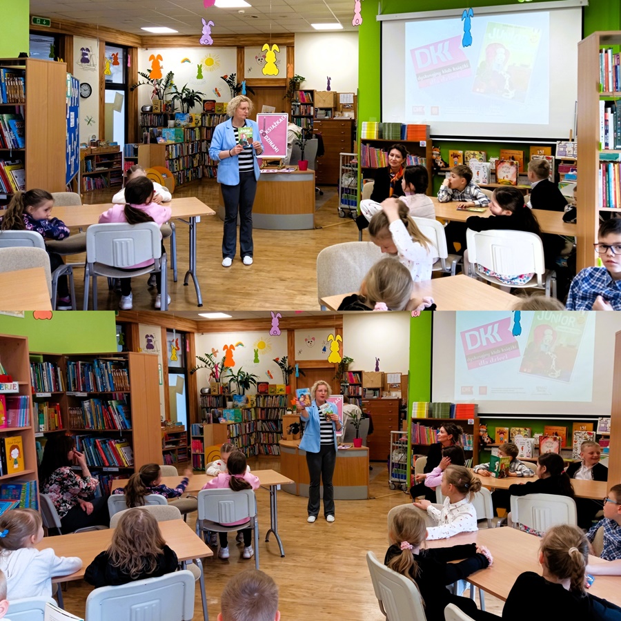 Dwa zdjęcia połączone w jedno, obydwa prezentują bibliotekarkę która trzyma w rękach książkę i pokazuje ją dzieciom siedzącym przy stołach