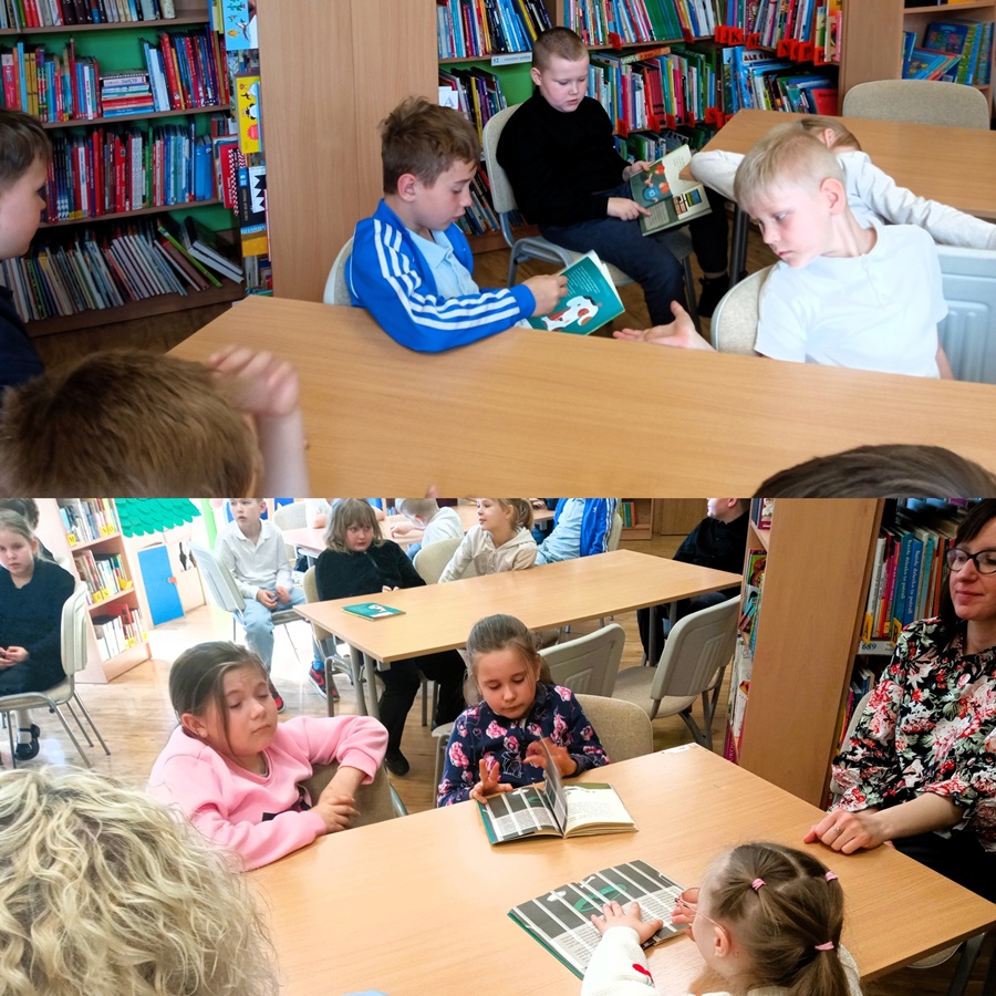 Połączenie 2 zdjęć, na których dzieci oglądają książki