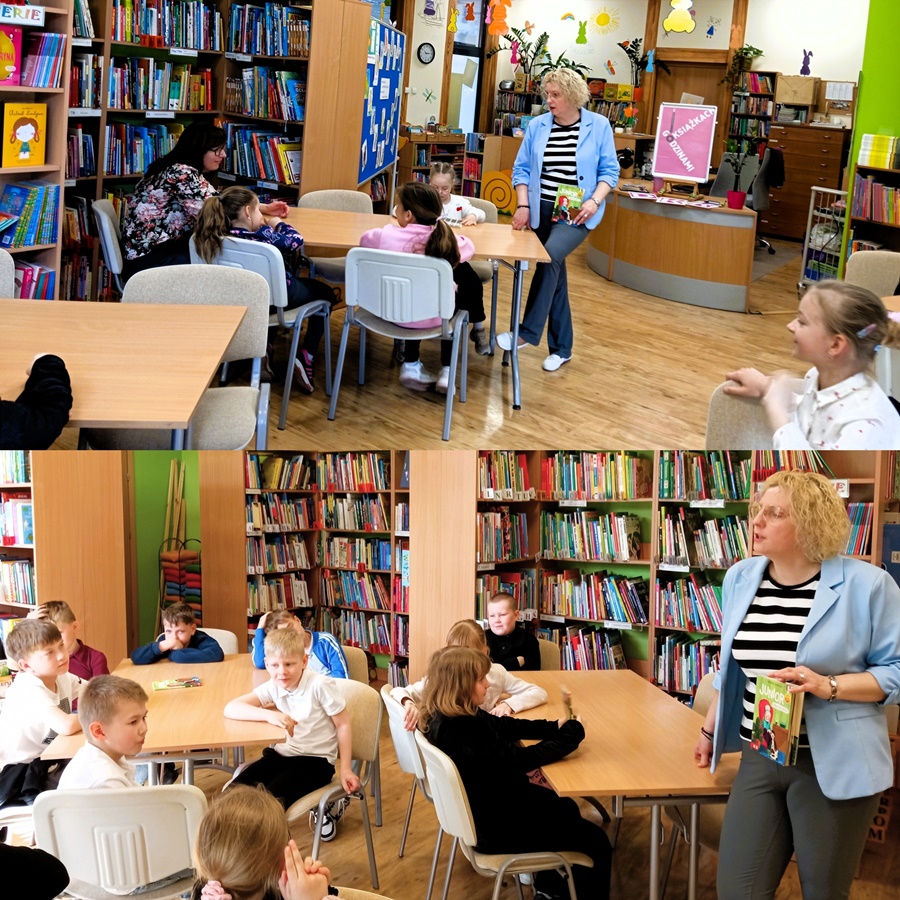 Połaczenie 2 zdjęć na których dzieci siedzą przy stołach a bibliotekarka spaceruje pomiędzy nimi i omawia temat spotkania