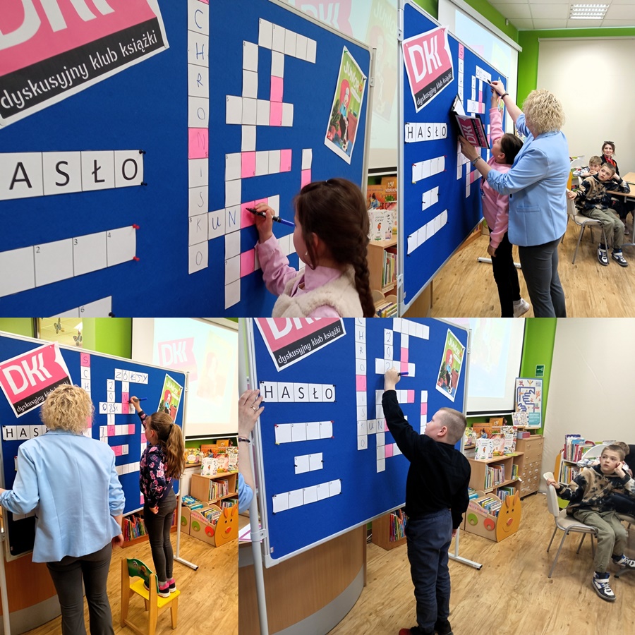 Połączenie 3 zdjeć na których dzieci wpisują hasła do krzyżówki umieszczonej na tablicy